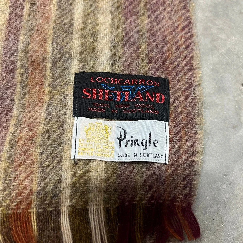 Vintage Pringle of Scotland Lochcarron Shetland Wool Scarf Striped Brown